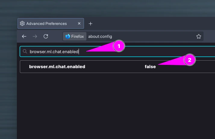 Set browser.ml.chat.enabled = false