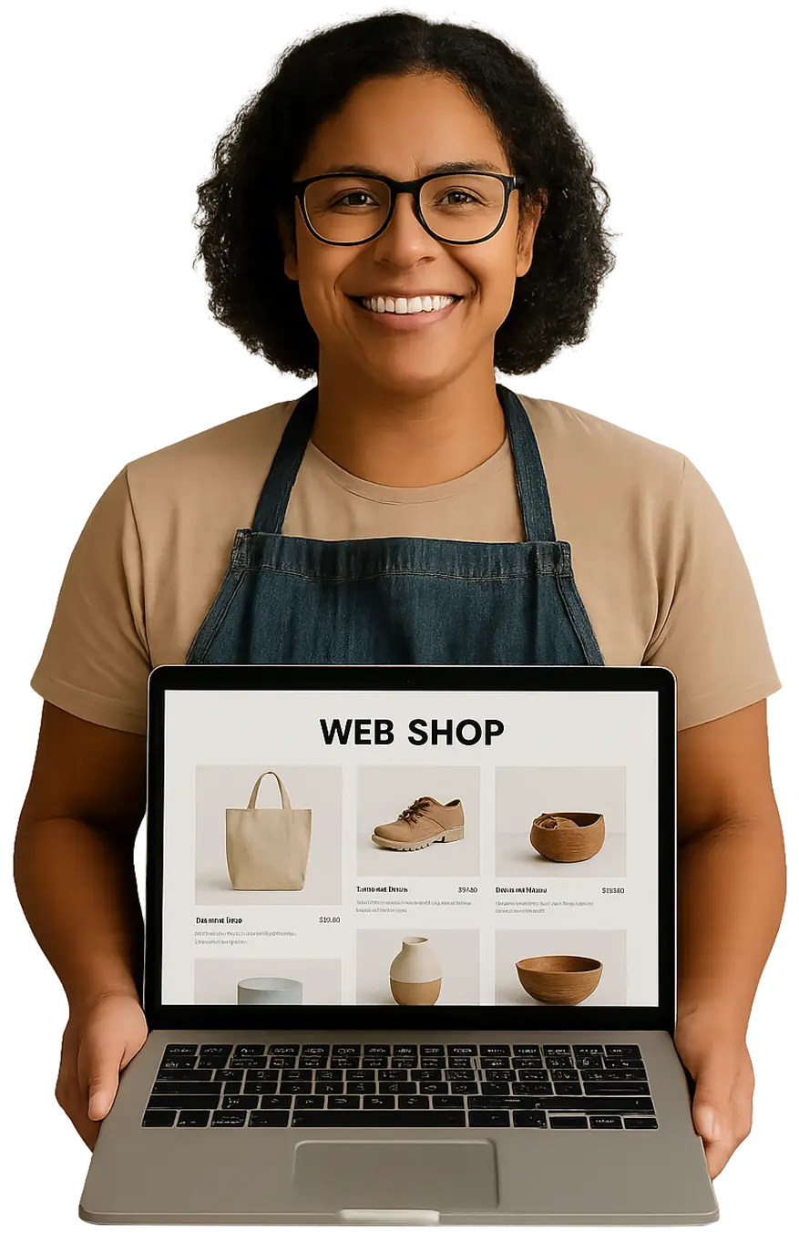 Web shop owner holding her laptop Web shop owner holding her laptop