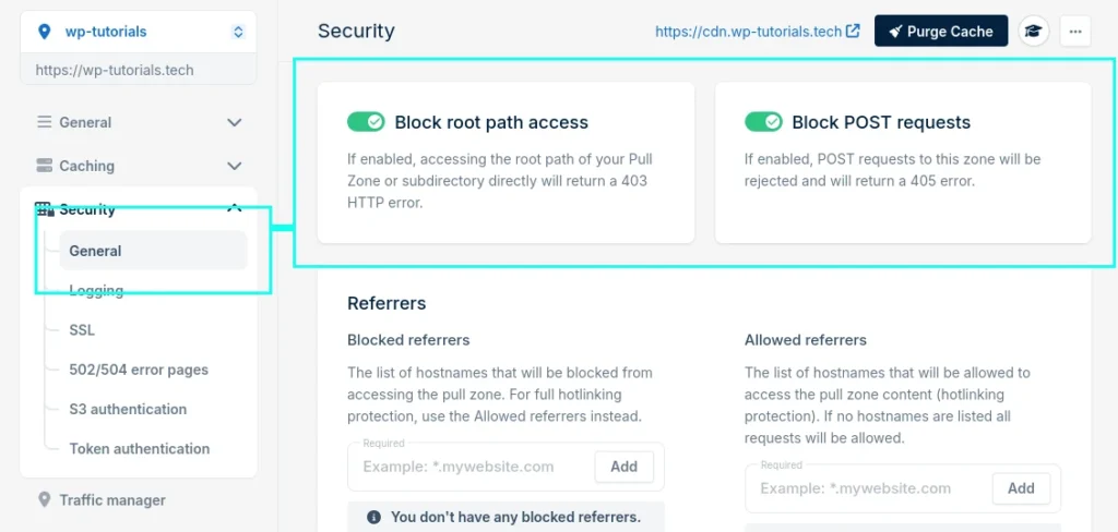 Basic security options in BunnyNet