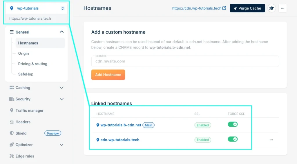 BunnyNet host names configuration