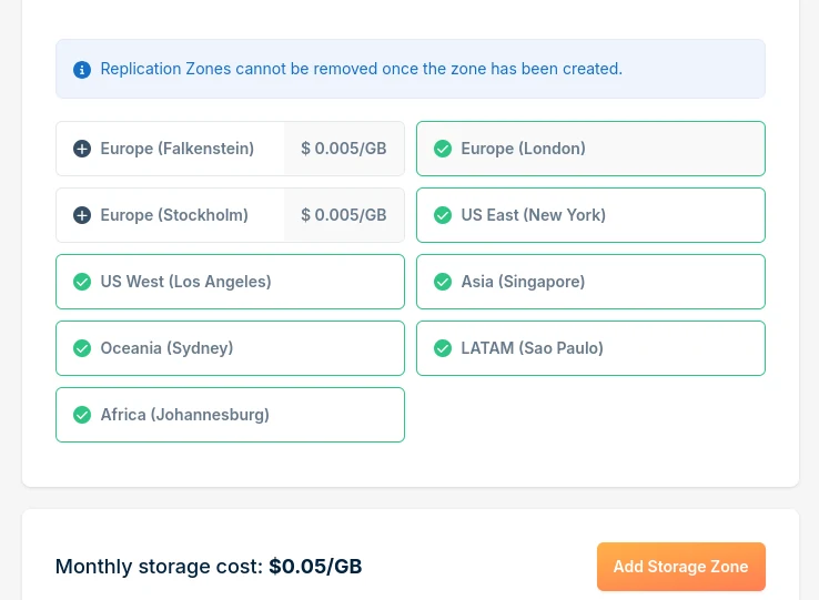 BunnyNet storage zone regions
