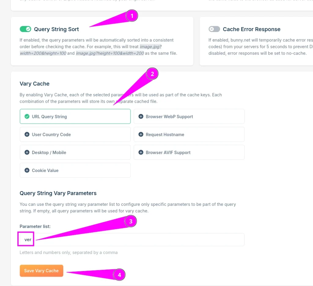 Enable Query String Sort in BunnyNet caching