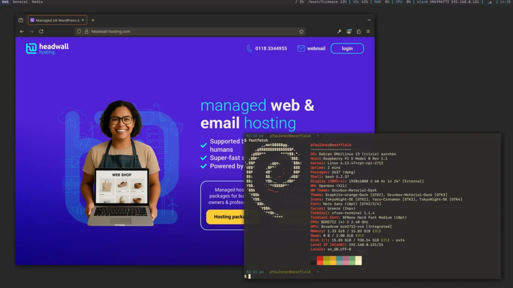 Screenshot of a Raspberry Pi running Debian , Firefox and a terminal