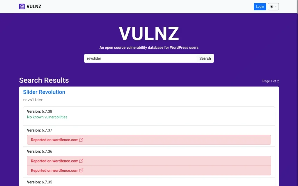 Searching the VULNZ database for the Slider Revolution plugin