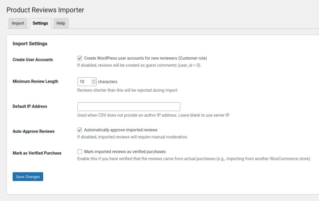 Product reviews importer - Settings