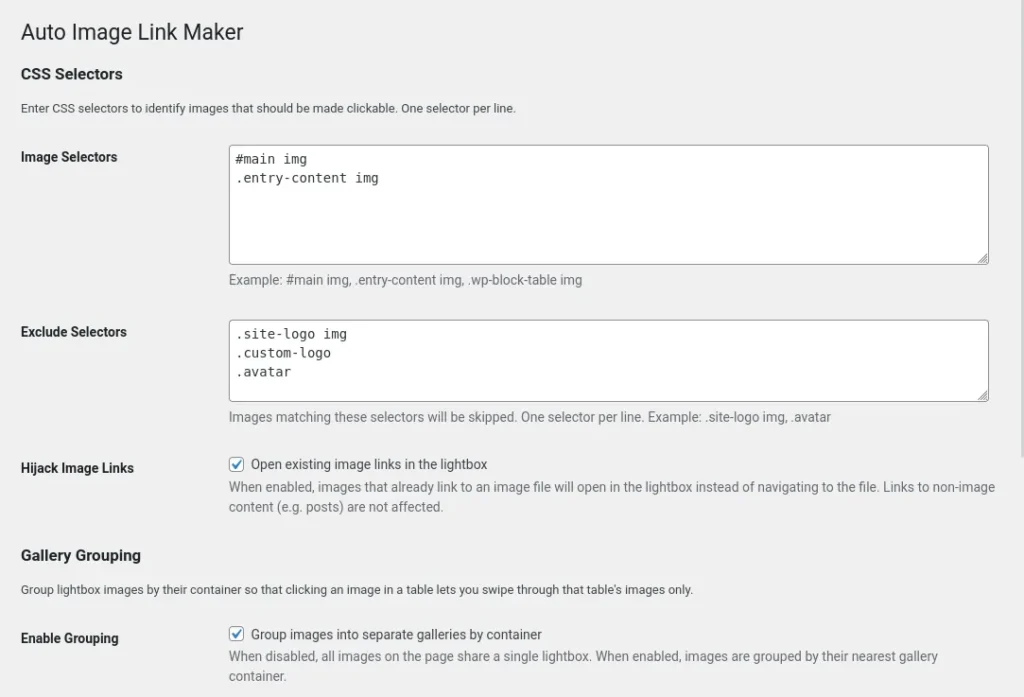Auto lightbox plugin WordPress settings