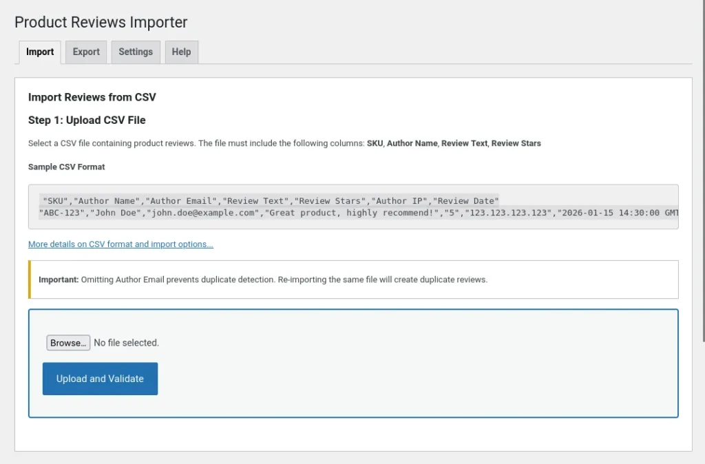 Product reviews importer settings