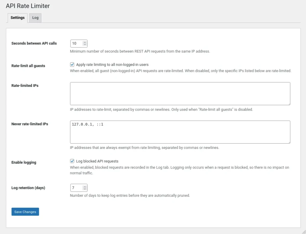 WordPress API rate-limiter plugin settings