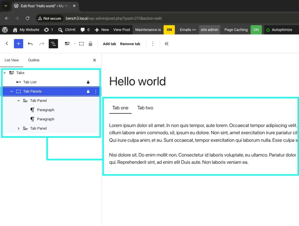 WordPress 7.1 Tabs blocks