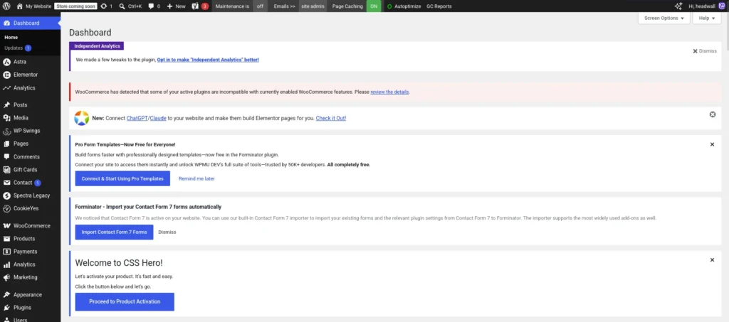 Example WordPress admin notices